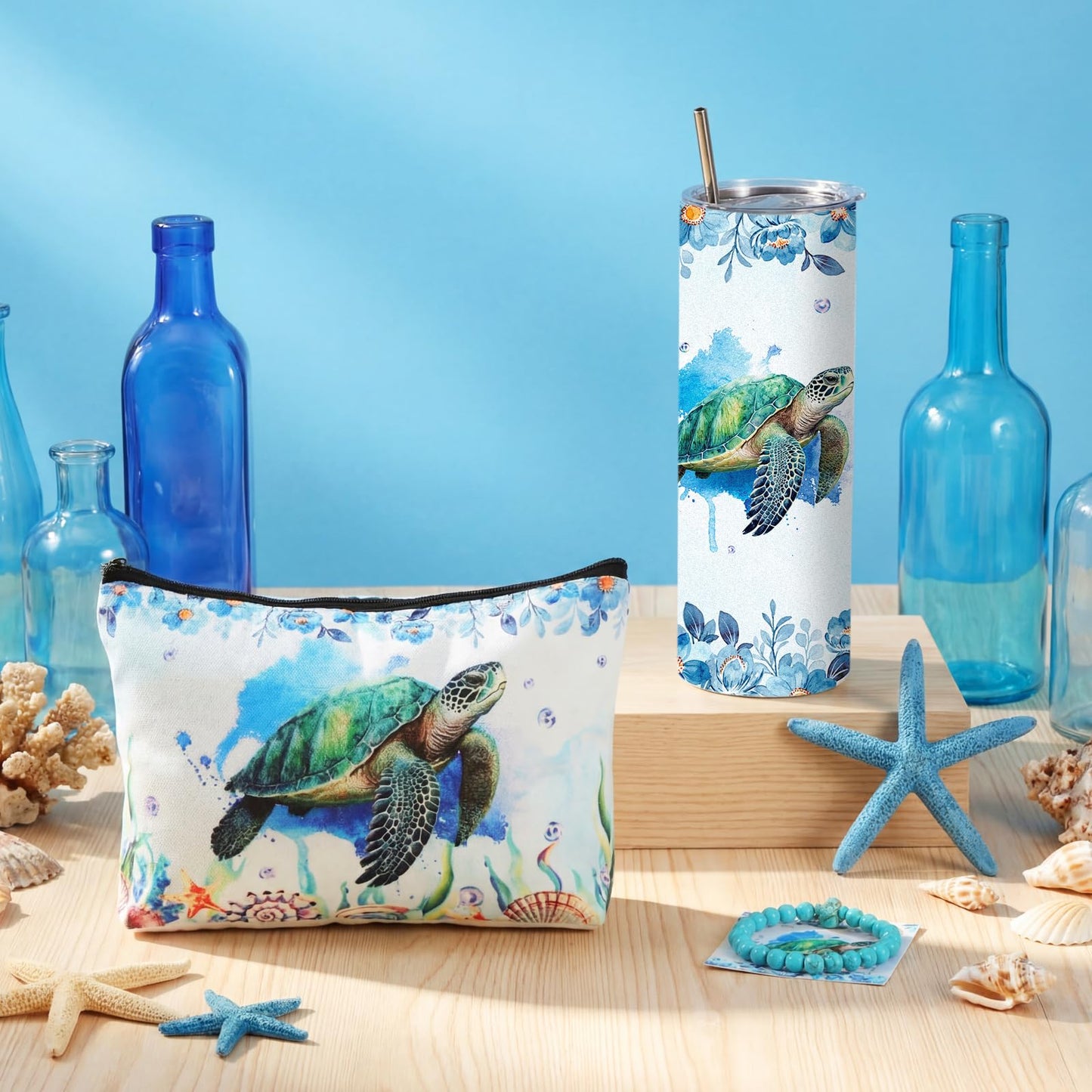 Skylety 3 Pcs Sea turtle Gift for Women Summer Sea turtle Theme Stuff 20 oz Stainless Steel Insulated Tumbler with Straw Brush Bracelet Makeup Bag Inspirational Gift for Teacher Mom Lover Birthday