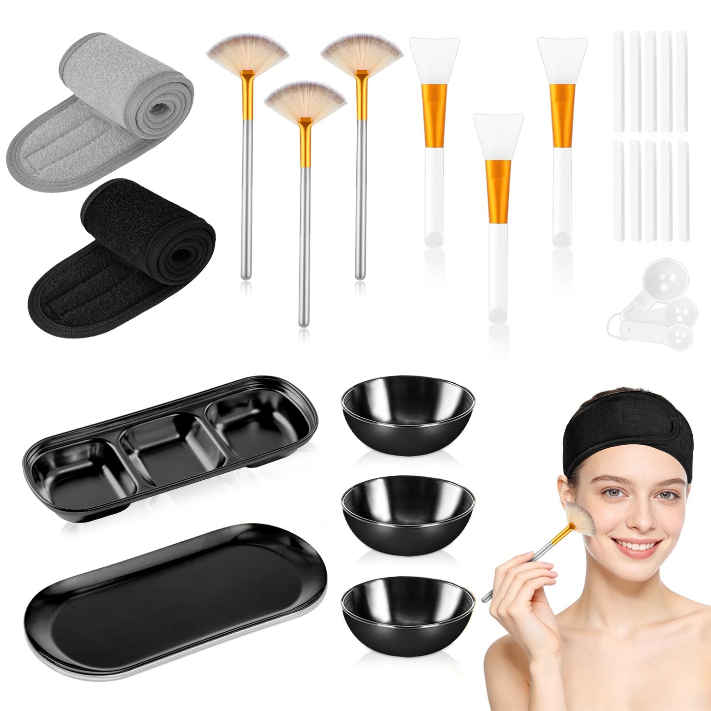 28 Black Facial Supplies 3 Facial Mask Mixing Bowls 3 Facial Fan Brushes 3 Mask Applicator Brushes 3 Mask Measuring Spoons Skincare Tray 3-Compartment Serving Tray 12 Facial Sponges 2 Spa Headbands