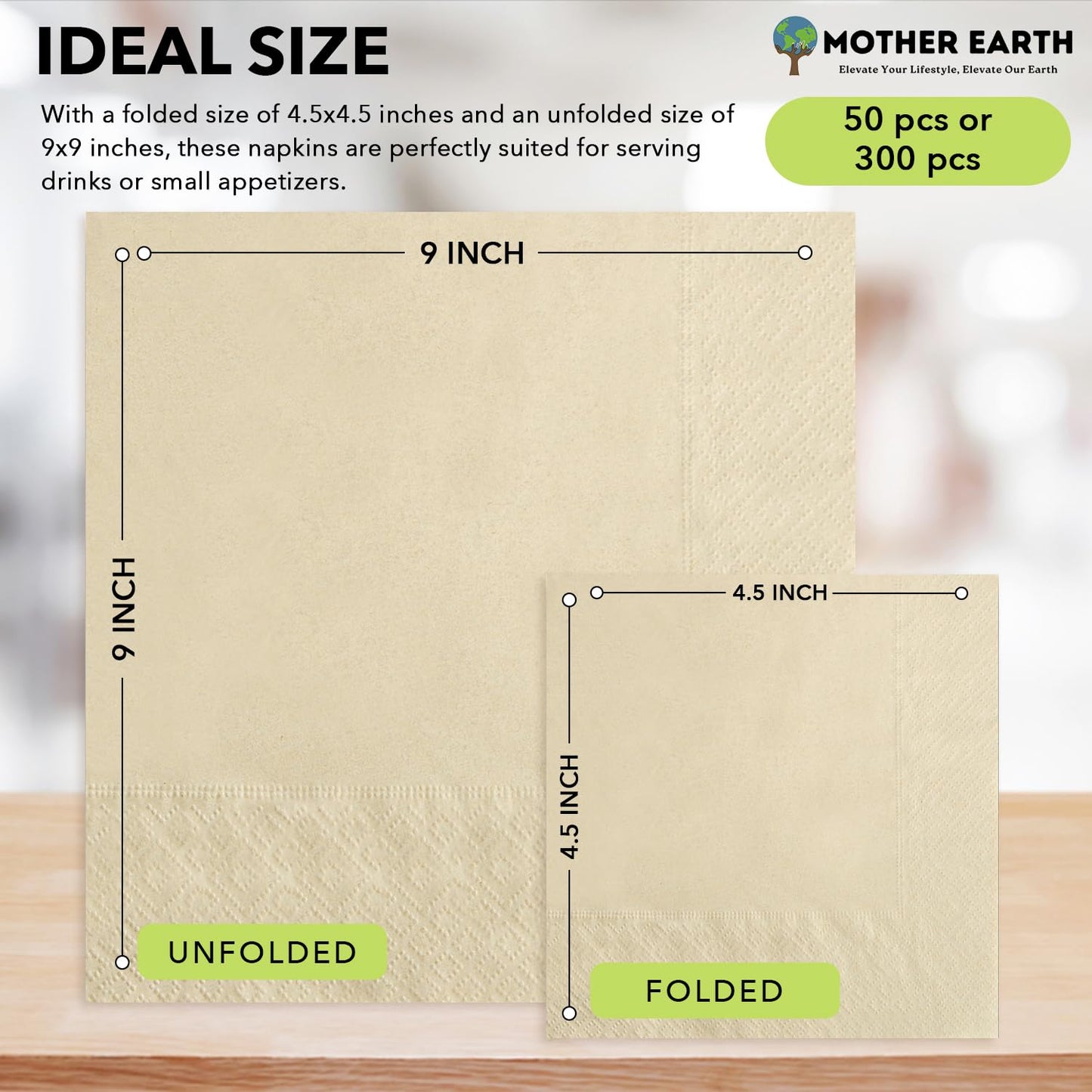 MOTHER EARTH Bamboo Beverage Napkins - 2 Ply, 50 Pack | Compact, Absorbent Disposable Cocktail Napkins for Drinks (50 Beverage Napkins)