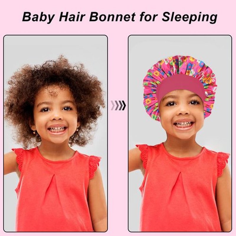 3 Pcs Silk Hair Bonnet for Sleeping - Baby Satin Bonnets for Girls Kids Sleep Cap Hair Wraps for Curly Natural Hair with Elastic Wide Band (Black+Hot Pink+Blue)…