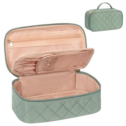 OCHEAL Small Makeup Bag,Portable Cute Travel Makeup Bag Pouch for Women Girls Makeup Brush Organizer Cosmetics Bags with Compartment-Rhombus Green
