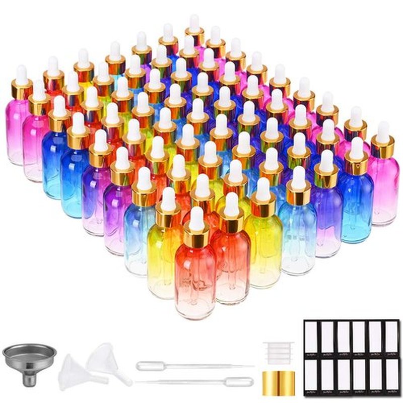 Eye Dropper Bottle 2 oz (63 Pack Rainbow Glass Bottles 60ml with Golden Caps, 2 Extra Eye Droppers, 120 Labels, 10 Funnel & Measured Pipettes)