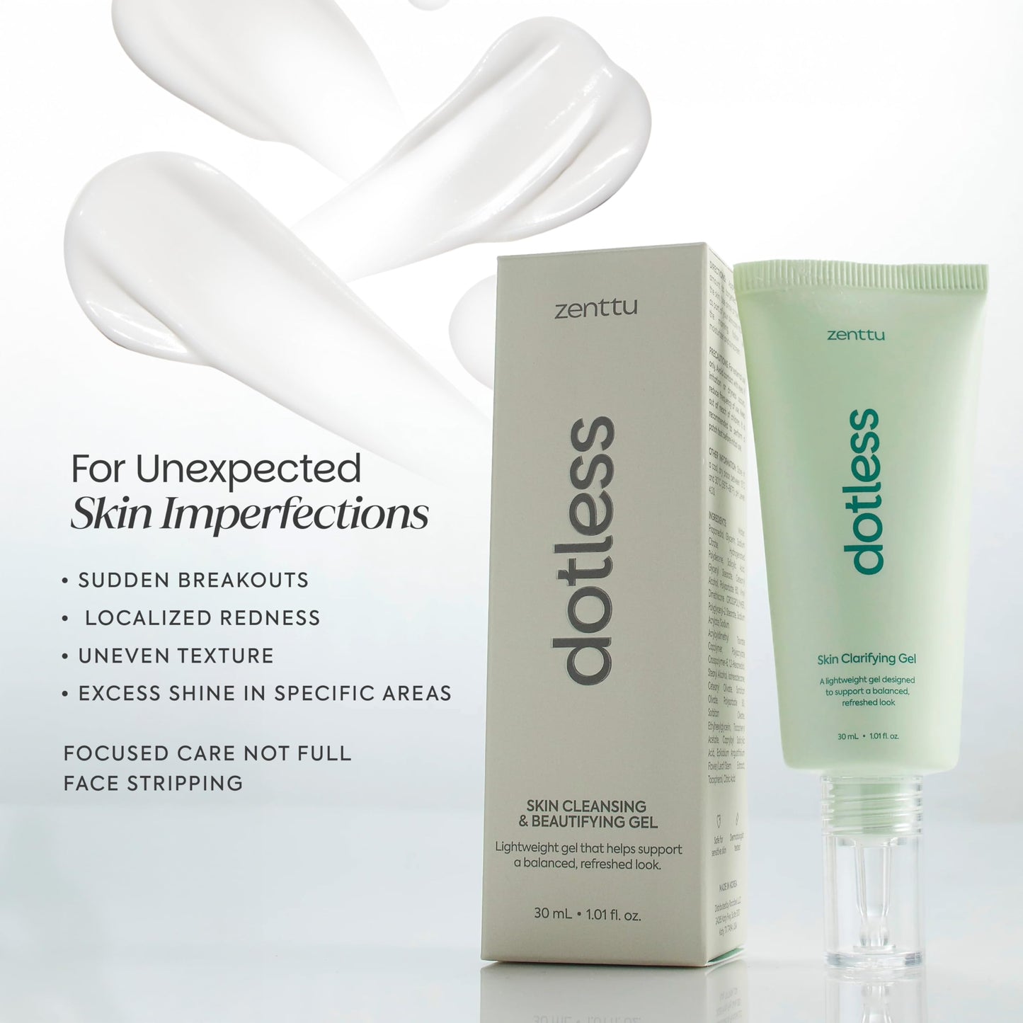 Zenttu Dotless Acne Treatment for Face, Calms Visible Redness, Whiteheads, & Pores, Spot Gel for Oily & Acne-Prone Skin, korean acne treatment, Prevents New Pimples | 1.01 fl oz