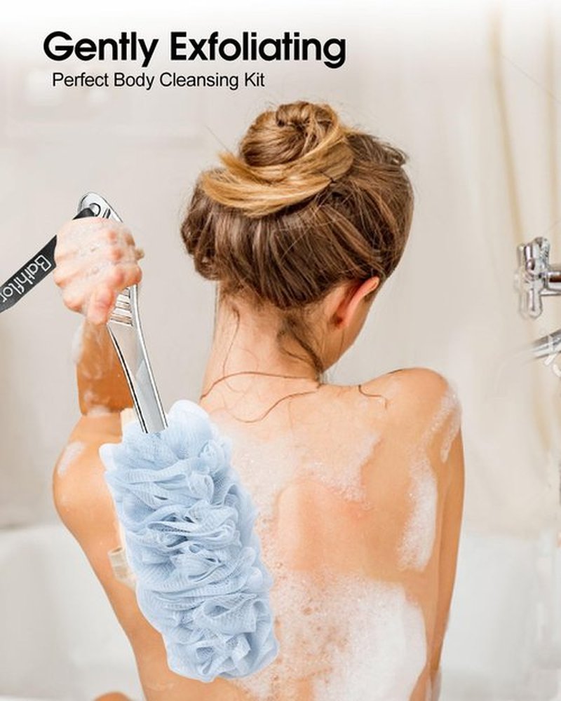 Bathflor Shower Loofah Sponge Exfoliating Body Scrubber 80g, Charcoal Loofa for Women & Men Bath Wash: 1 Long Handle Back Brush Plus 4 Packs Extra Large 80g Soft Mesh Luffa Poufs, 1 Lufa Hook (4Color)