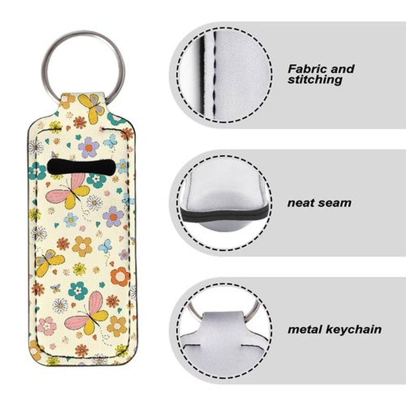 SEANATIVE Butterfly Floral 5 PCS Chapstick Holder Keychain Clip-on Sleeve Chapstick Pouch Neoprene Keychains Lipstick Holder Lip Balm Holster Keychain Holder for Chapstick Tracker