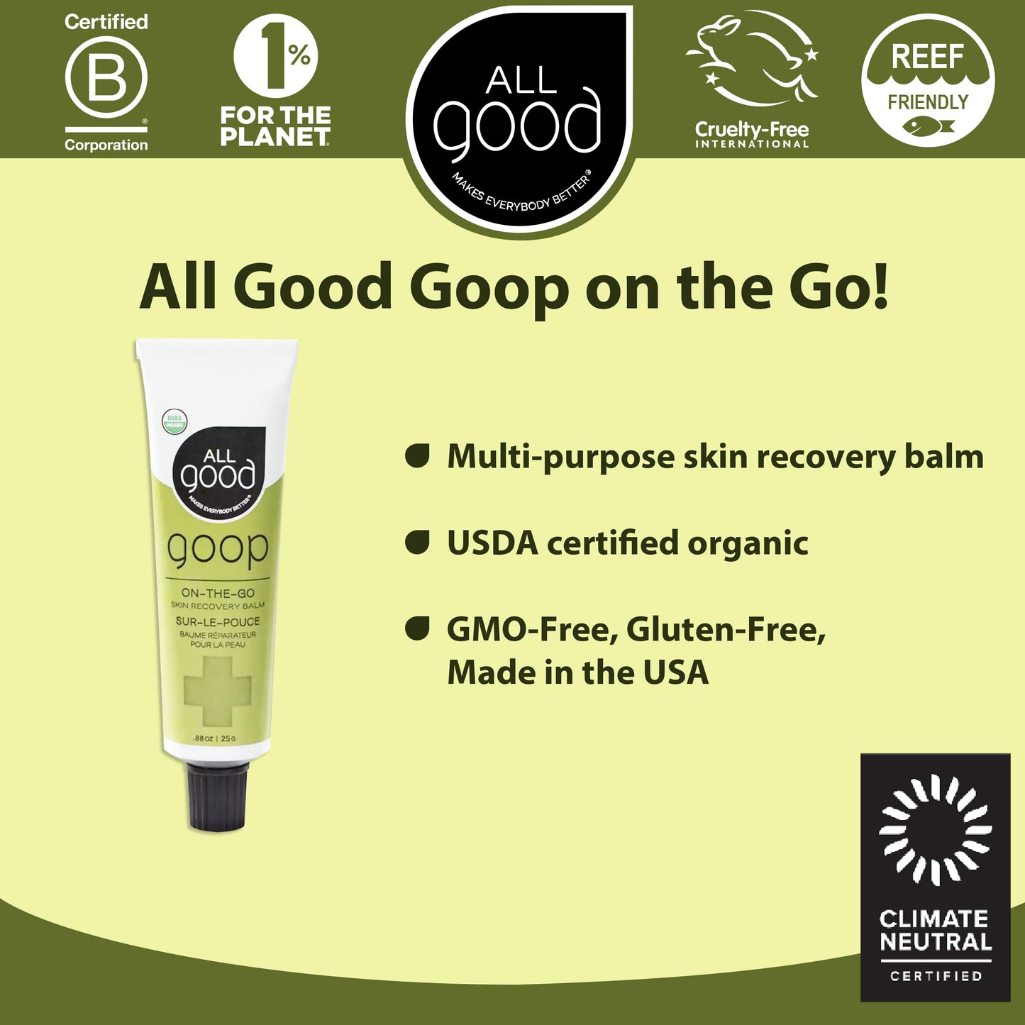 All Good Goop on the Go - Chafing Cream, Dry Skin Salve, Cracking Lip Moisturizer - Soothes, Hydrates & Calms - Travel Size Recovery Balm 1oz (2-pack)