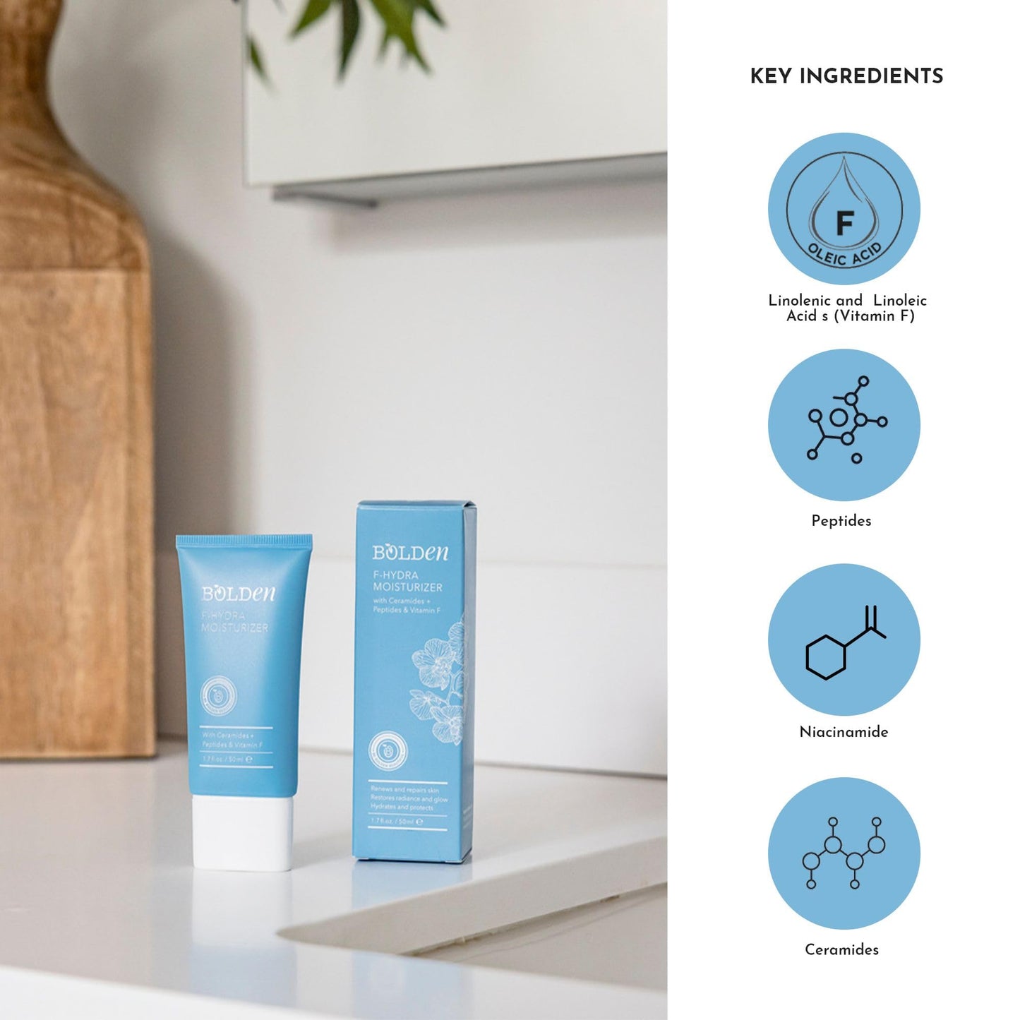 BOLDEN F-Hydra Moisturizer | Daily Face Cream to Hydrate & Moisturize Dry Skin | Made with Ceramides, Peptides, & Vitamin F | 1.7 Fl Oz