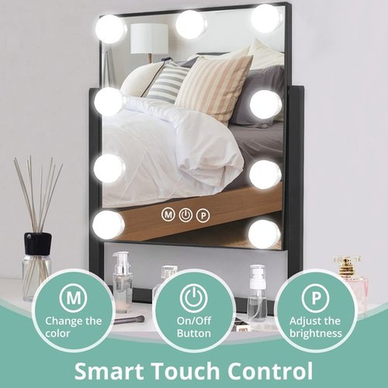 Fabuday Hollywood Vanity Makeup Mirror with Lights Lighted Desk Mirror with 9 Dimmable LED Bulbs, Cosmetic Light Up Mirror for Tabletop, Mirrors Enhanced by Electric Lights