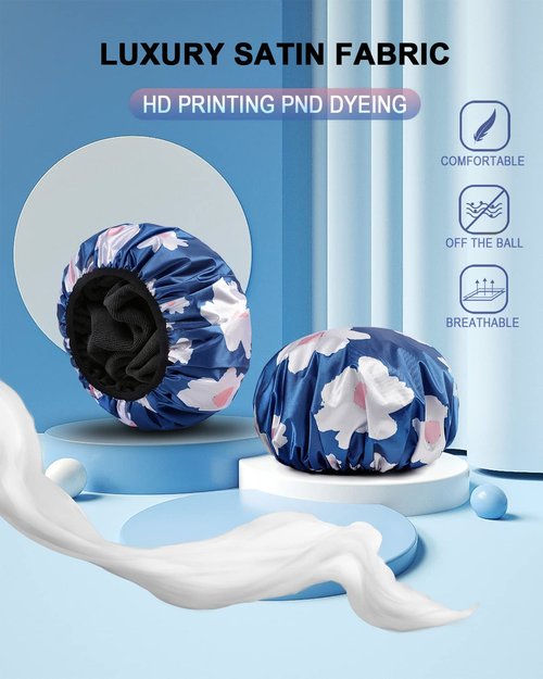 YIZIJIZI Terry Lined Shower Cap,Triple Layer Large Cap for Women,Shower Cap Reusable Waterproof,Long Thick Hair(Blue)