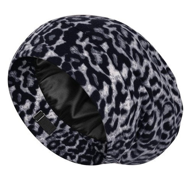 LULUSILK 100% Mulberry Silk Lined Sleep Cap Silk Bonnet for Sleeping, No More Frizzy Tangled Hair, Stay On All Night Adjustable Silk Hair Wrap for Sleeping, Black Leopard, Pack of 1