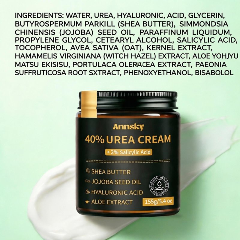 Annsky Urea Cream 40% Plus Salicylic Acid 2%, Foot Cream for Dry, Cracked Heels, Calluses Professional Feet Maximum Strength Moisturizing Cream, 155g