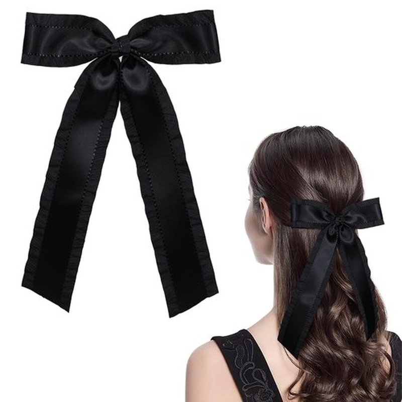 5.5in Large Long Tail Hair Bows Hair Clip Black Hair Ribbon Ponytail Holder Decor Accessories Slides Metal Clips Hair Bow for Women Girls Toddlers Teens Kids