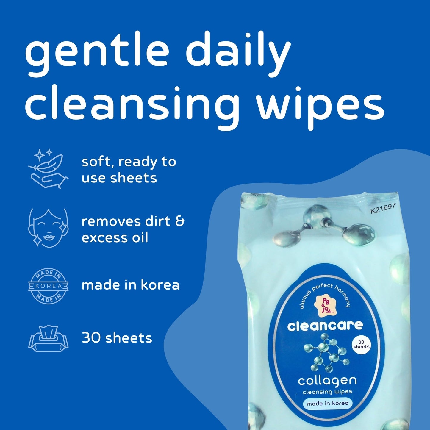 PB & JAY Collagen Makeup Remover Wipes | Korean Face Wipes (30 Count)