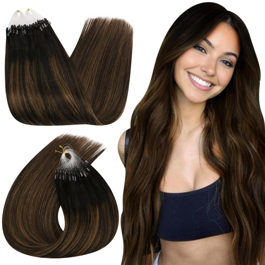 Ugeat Brown Microlink Hair Extensions Mix Balayage Dark Brown Micro Loop Real Human Hair Extensions Micro Bead Extentions for Thicker to Add Volume By Cold Fusion 14 Inch 50S 50G