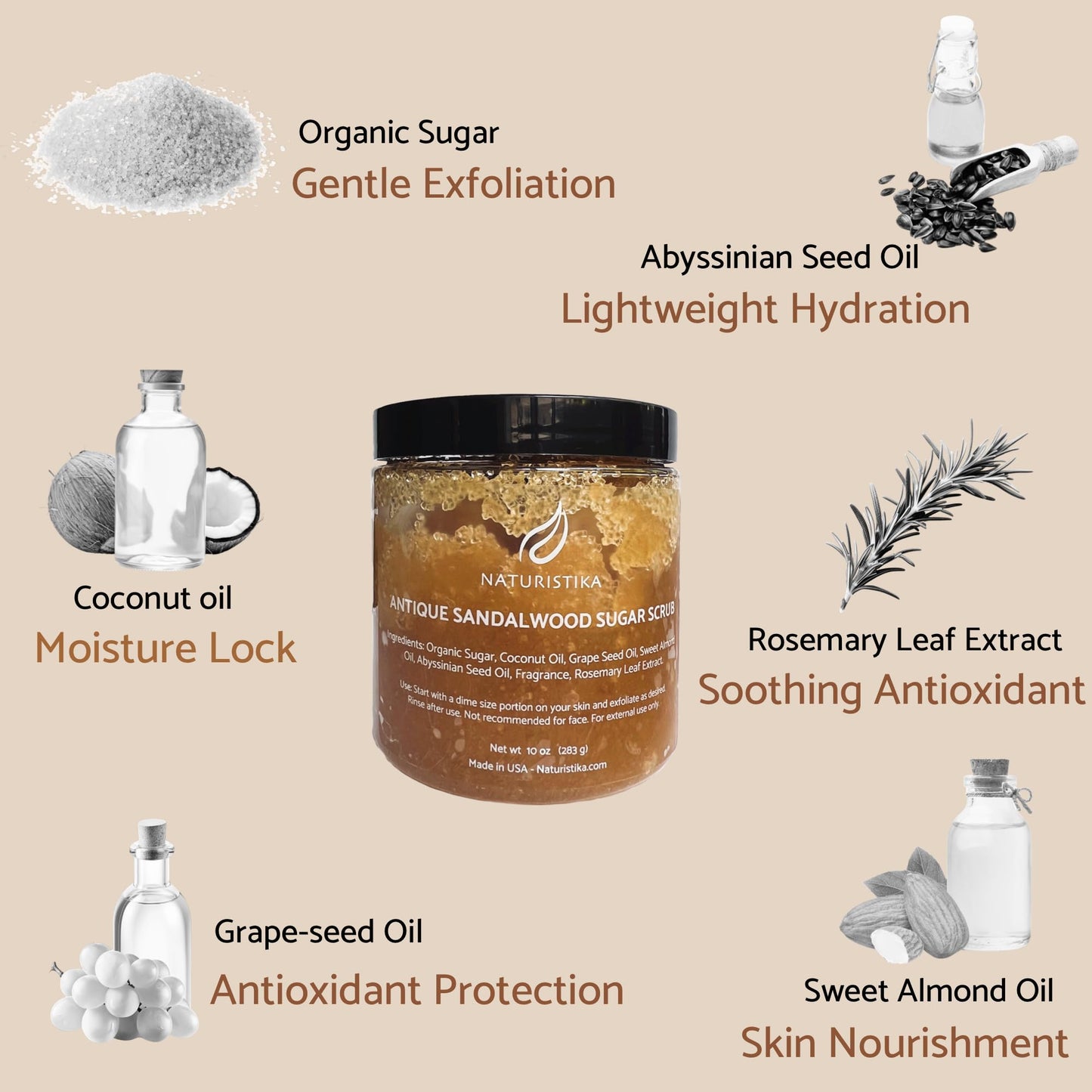 Naturistika Sandalwood Sugar Body Scrub – Exfoliating & Moisturizing Scrub with Premium Oils & Fair-Trade Sugar – Body, Hand & Foot Scrub – Vegan & Natural Skincare – 10 oz Jar – Made in USA