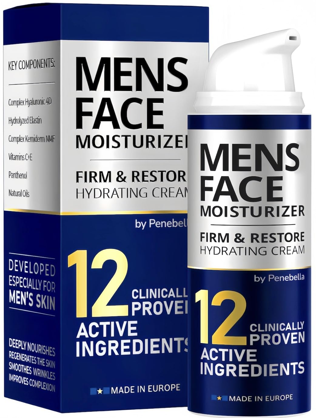 PENEBELLA Mens Face Moisturizer - Deep Hydrating & Anti Aging Mens Lotion | Made in Europe | Vitamin C+E, Elastin, Hyaluronic 4D - Face Cream for Daily Use - Eye, Face & Neck Skin Care