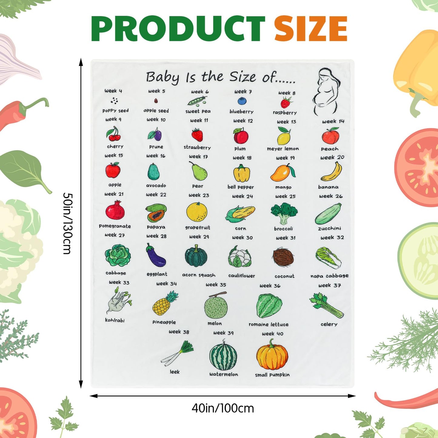 Tegeme Baby Growth Tracker Blanket Weekly Pregnant First Mom Gifts for Expecting Parents Pregnancy Countdown Calendar Week By Week Pregnancy Blanket in Fruit Veg Mother's Day Congration Gift