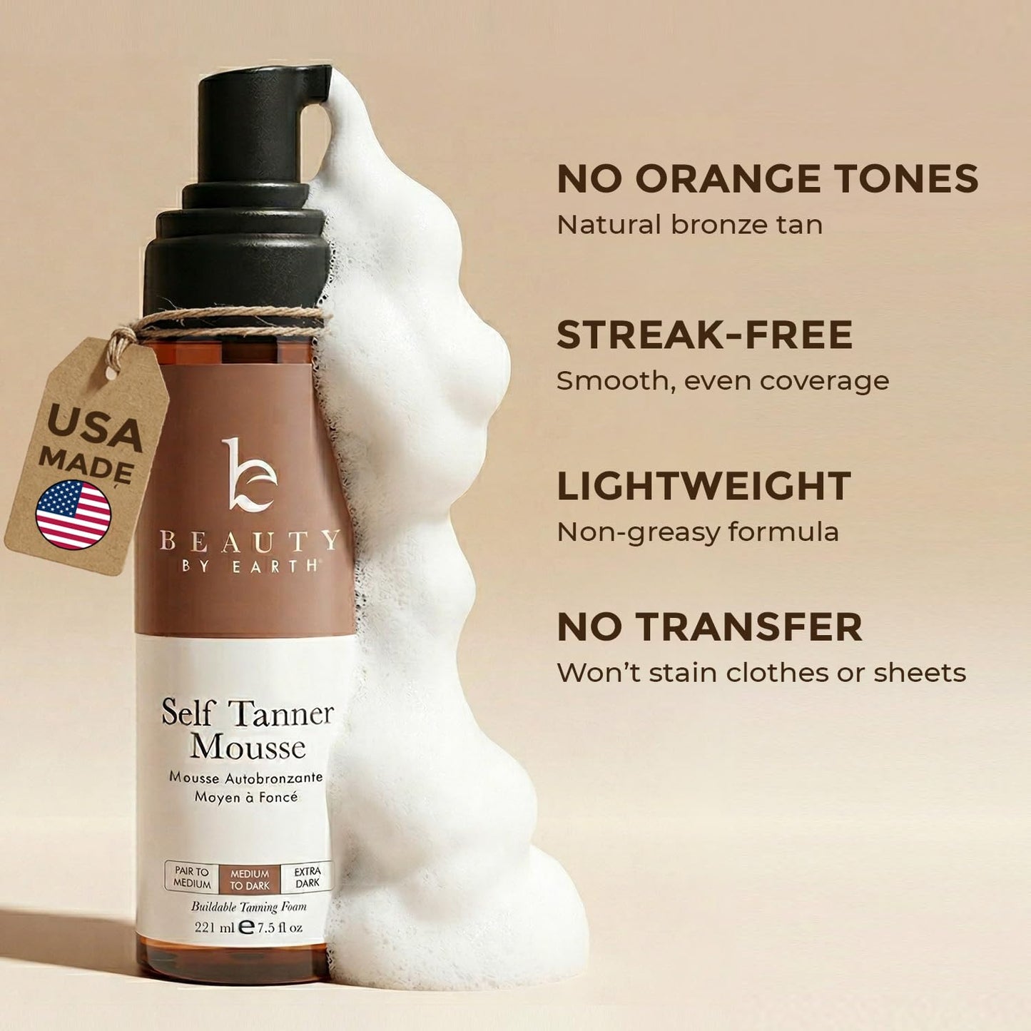 Self Tanner Mousse - USA Made with Natural & Organic Ingredients, Self Tanning Mousse for Dark Fake Tan, Sunless Tanner, Clear & Non Toxic Tanning Foam for Streak Free Finish & Natural Glow