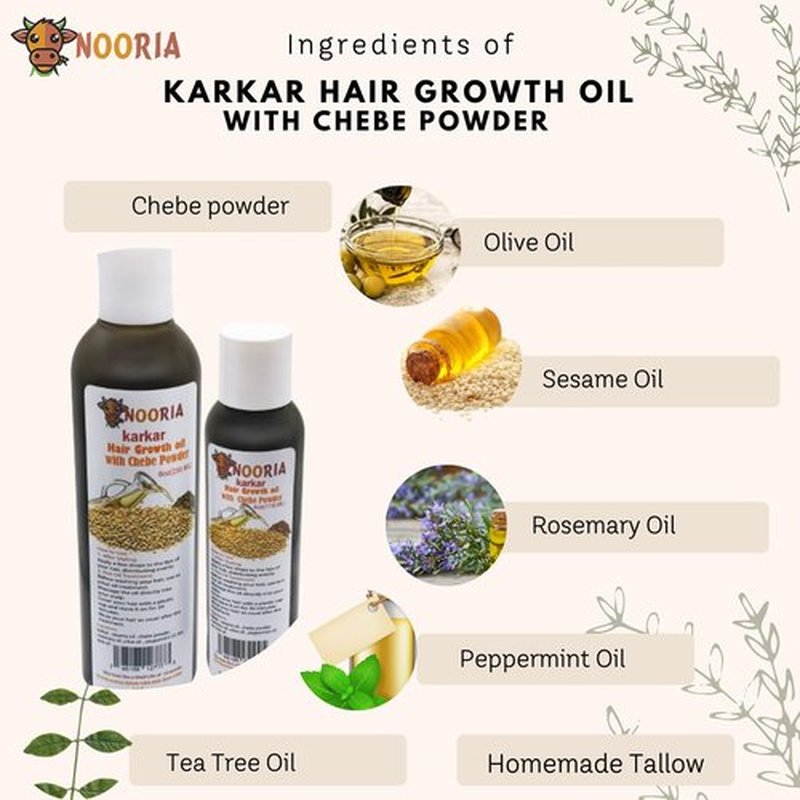 NOORIA Karkar Hair Growth Oil 8oz with Authentic Chebe Powder, Peppermint Scent, Deep Moisturizing, Itchy Scalp Relief, Contains Sesame, Rosemary, Olive, Peppermint, and Tea Tree Oil