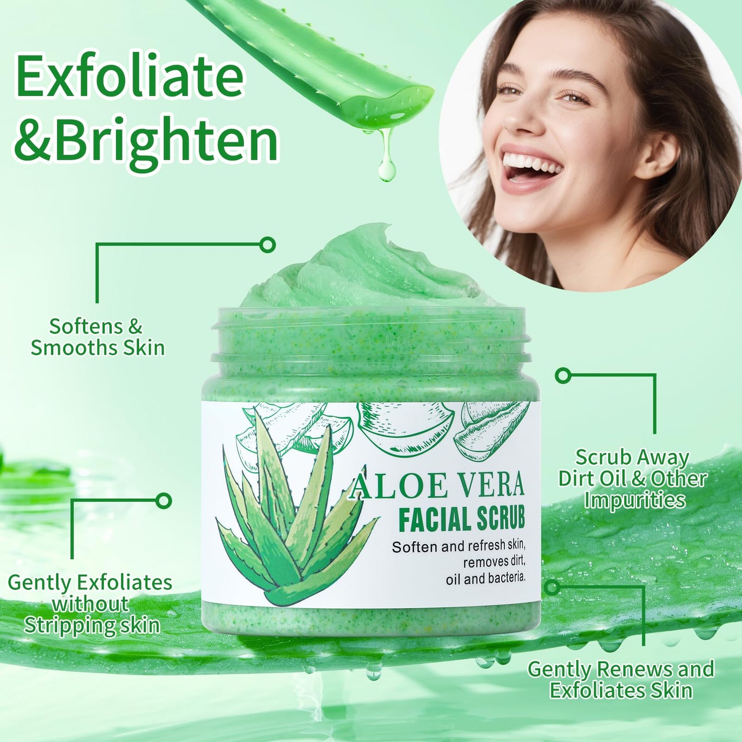 Facial Scrub & Face Exfoliator, Aloe Vera Exfoliating Facial Scrub & Cleanser for Smooth Skin, Face Exfoliator Gentle Pore Refining for Refresh Skin