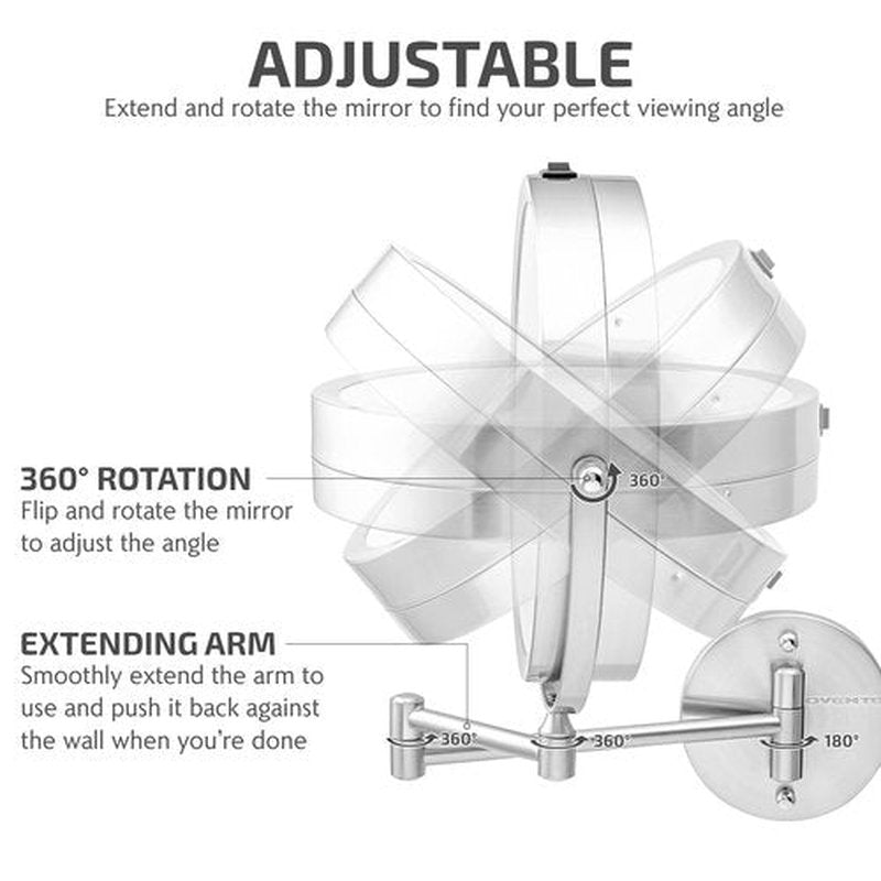 OVENTE 9" Lighted Wall Mount Makeup Mirror with 1X/7X Magnification, Cordless Double Sided Magnifying Round Vanity Mirror, 360° Swivel Design, Extendable and Folding Arm, Nickel Brushed MFW85BR1X7X