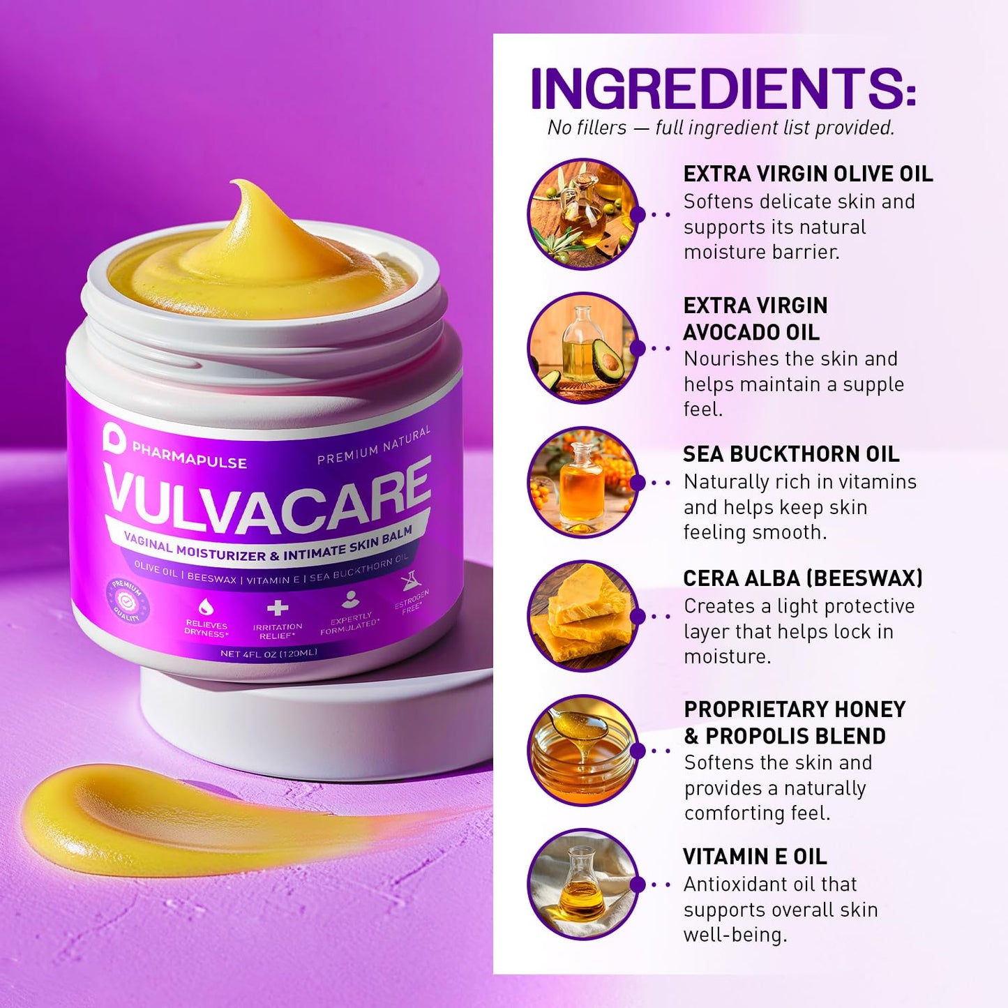 Pharmapulse Organic Vaginal Moisturizer, Vulva Balm Cream, Intimate Skin Care, Menopause Support - Relieves Dryness, Itching, Burning, Redness, Chafing, Odor, Irritation - Estrogen Free 4oz