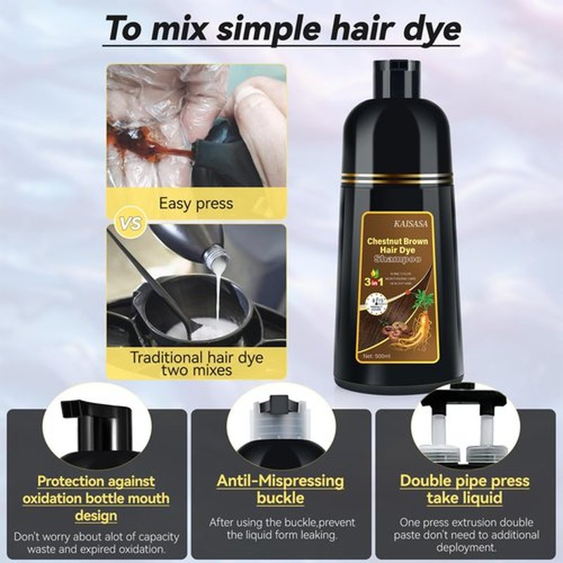 JIESSIA Chestnut Brown Hair Dye Shampoo 3 IN 1, Hair Color Shampoo for Gray Hair Coverage For Women & Men Natural Herbal Plant Semi Permanent Grey Hair Cover Treated, 16.9 Fl Oz