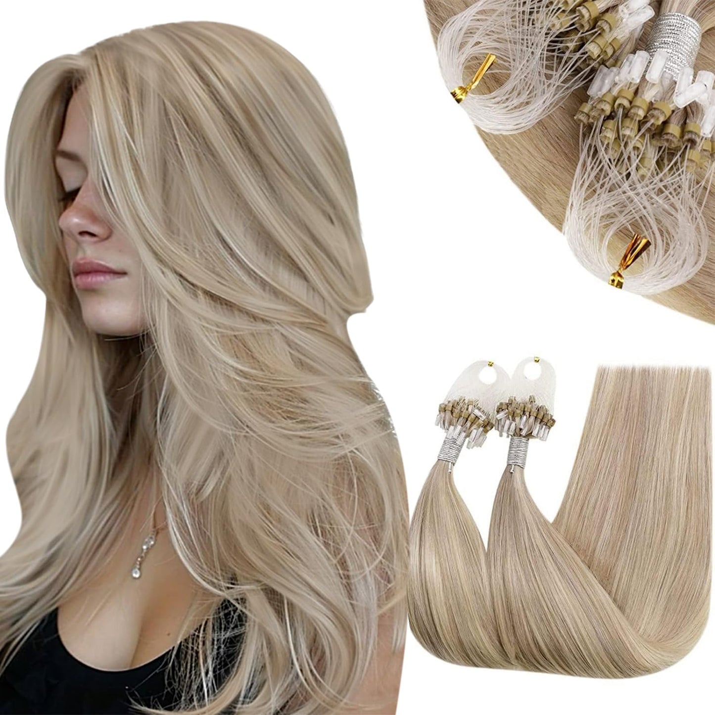 RUNATURE Micro Link Hair Extensions Human Hair Ash Blonde Highlight Platinum Blonde Micro Beads Hair Extensions Straight Remy Microlink Hair Extensions Real Human Hair Cold Fusion 12 Inch 40g 50s