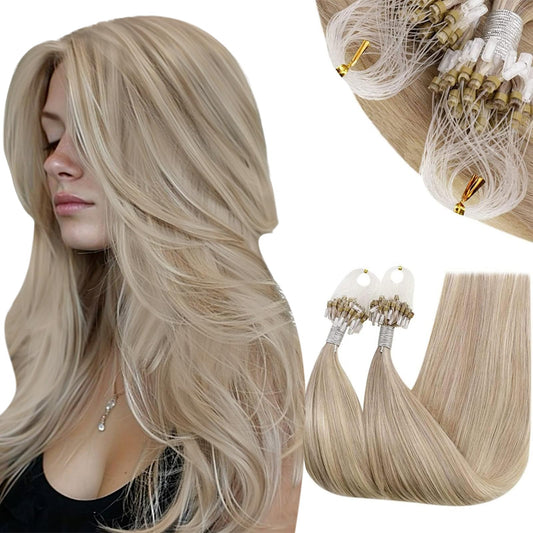 RUNATURE Micro Link Hair Extensions Human Hair Ash Blonde Highlight Platinum Blonde Micro Beads Hair Extensions Straight Remy Microlink Hair Extensions Real Human Hair Cold Fusion 12 Inch 40g 50s