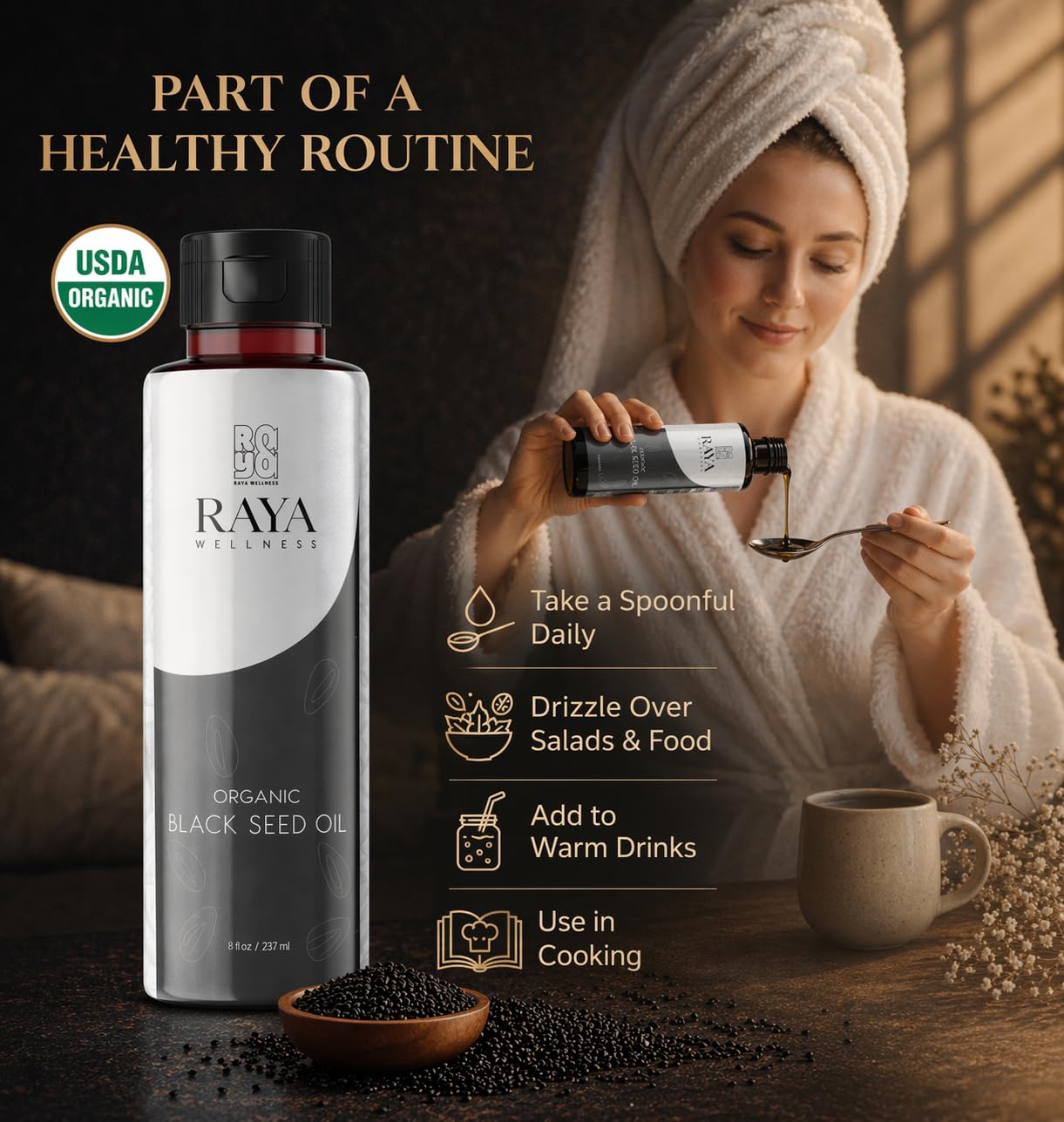 RAYA WELLNESS - USDA Organic Black Seed Oil (Nigella Sativa) - Cold Pressed - Hexane Free - 8 fl oz (237 ml)