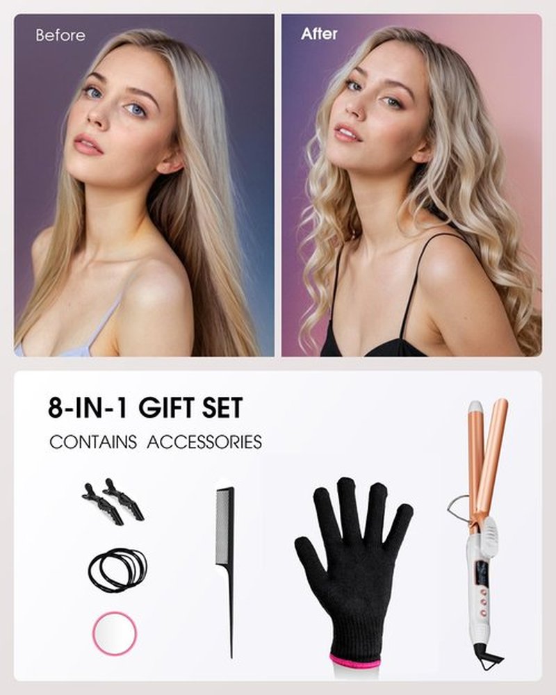Vogewood 3/4 Inch 19mm Curling Iron, Tourmaline Ceramic Technology, Long Barrel Hair Curler for Medium & Long Hair, Adjustable Temperature, Fast Heat Up, 8-in-1 Gift Set