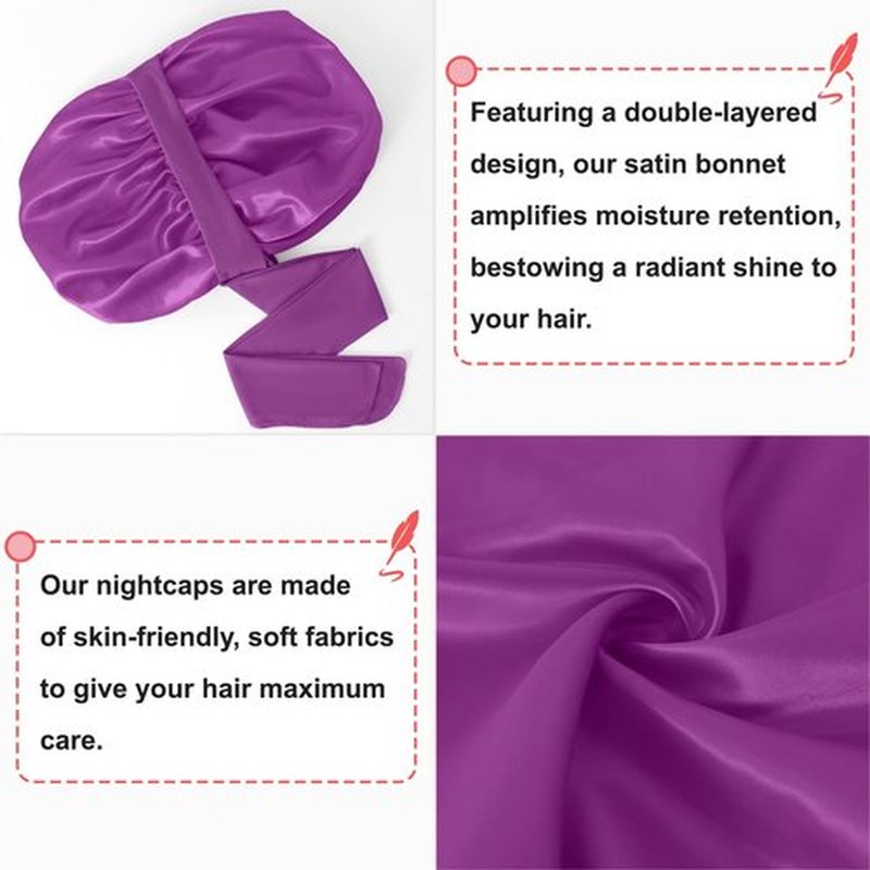 Satin Bonnet for Sleeping, Silk Bonnet for Sleeping Women, Double-layer Satin Bonnet with Tie Band Purple