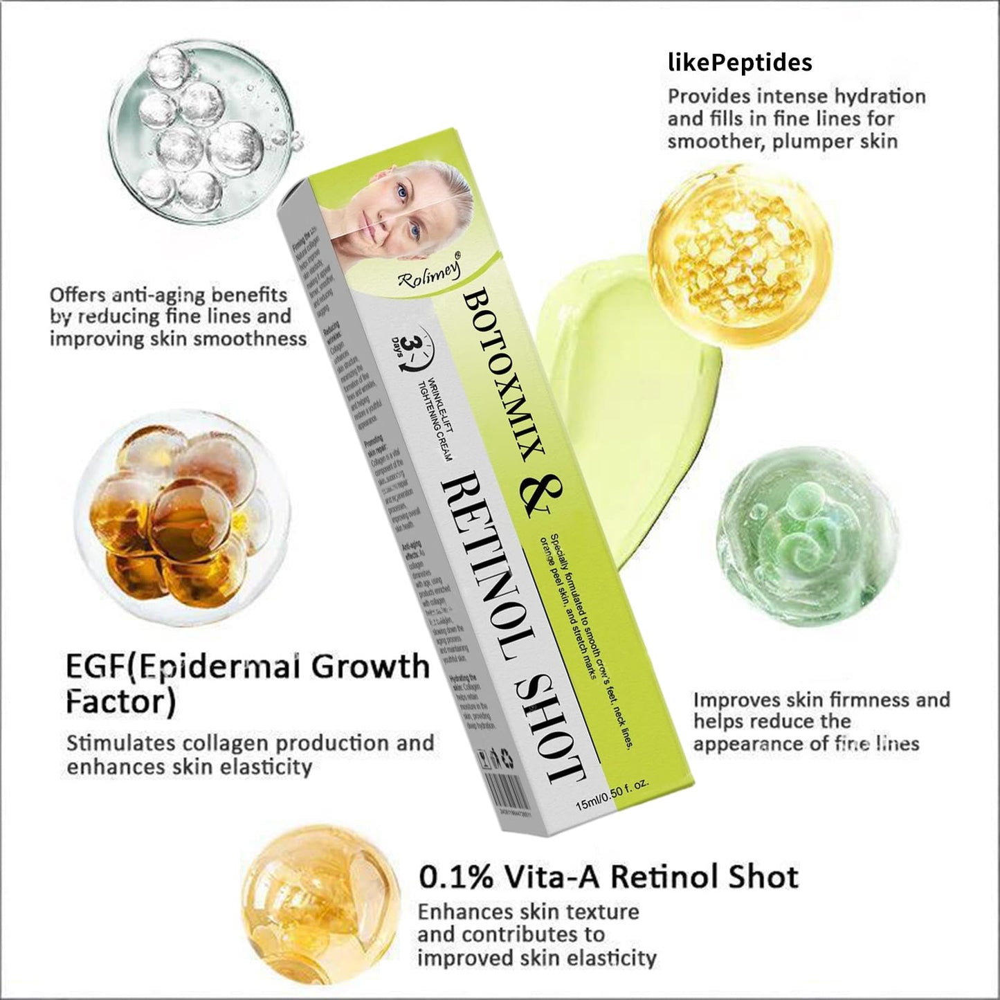 Rolimey Botoxmix & Vita-A Retinol Shot Wrinkle-Lift Tightening Cream, 2026 New Golden Peptide Lifting Cream, Pore Minimizer, Natural Collagen Lifting Serum for All Skin Types (2 Pack)