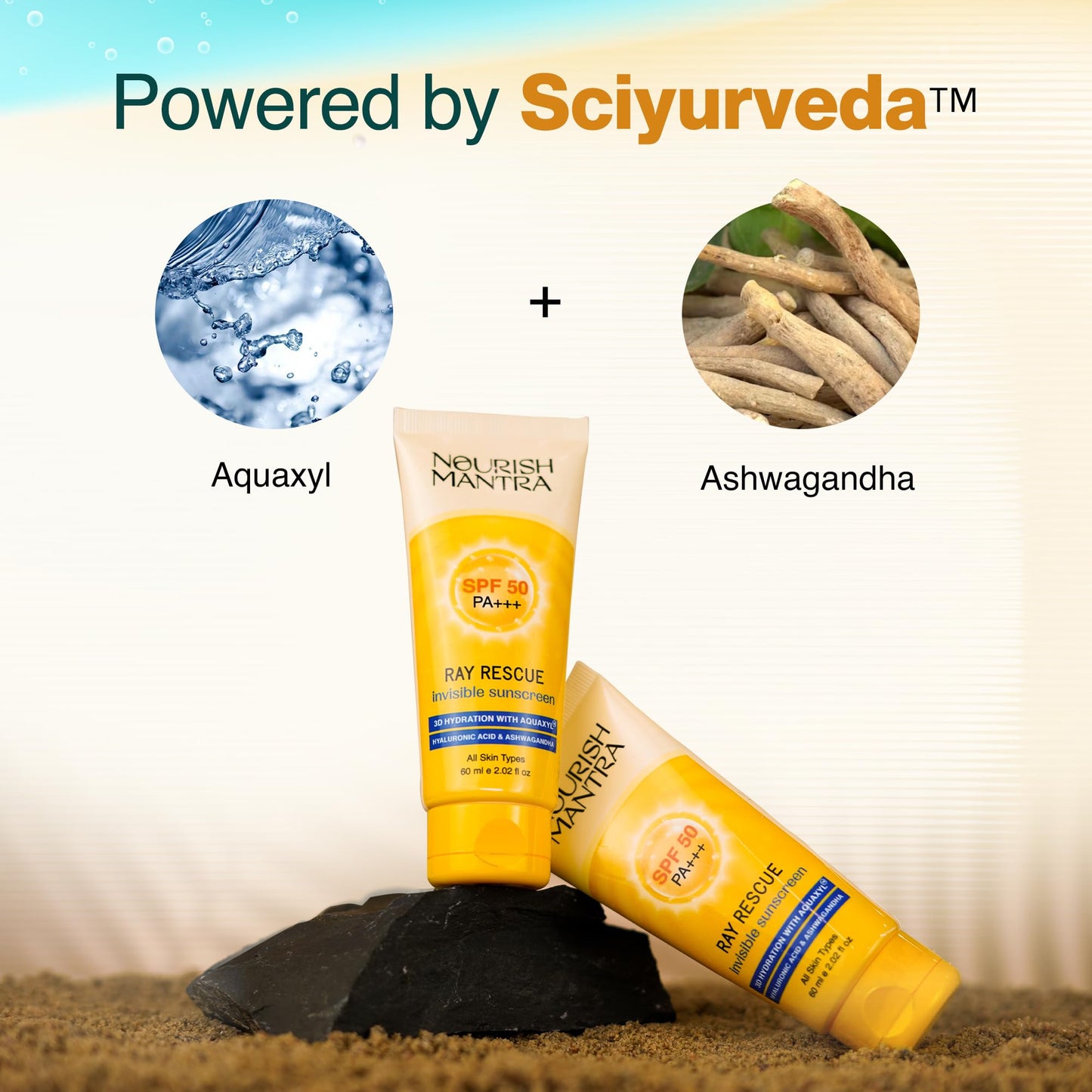 NOURISH MANTRA Ray Rescue Sunscreen/Sunscreen SPF 50/ With Hyaluronic Acid, Aquaxyl, Aloe Vera Extracts & Ashwagandha Extracts/No White Cast, (60 ml (Pack of 1))