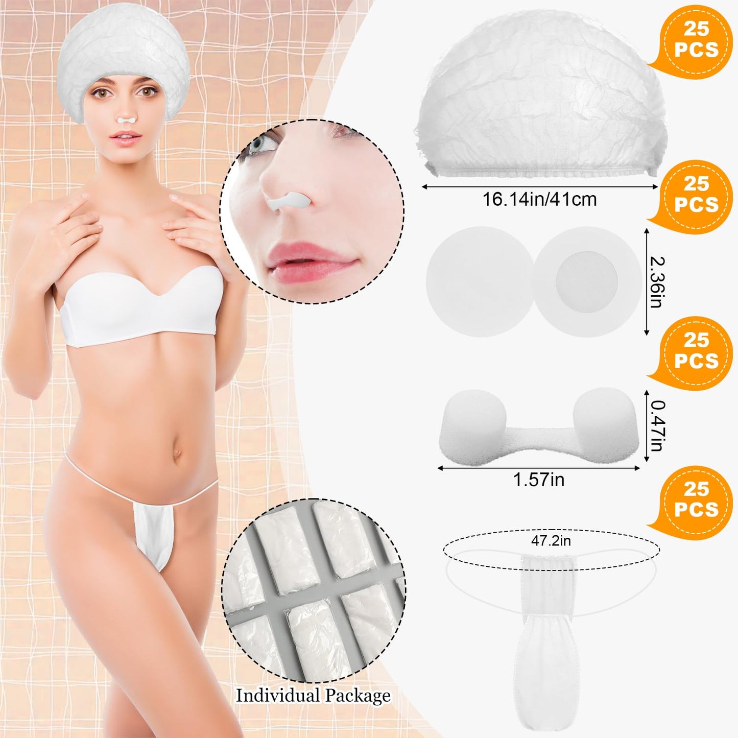 Chicingyou 125 Pcs Disposable Spray Tan Accessories Spray Tanning Essentials Kit 25 Set Caps Underwear Feet Pads Nipple Cover Nose Filter Plugs for Beauty Salons Home Sunless Tanning (White)