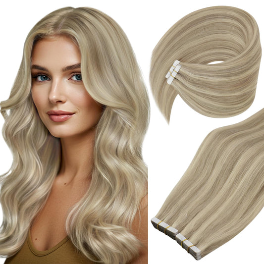 Ve Sunny Blonde Tape in Hair Extensions Highlight Tape in Extensions Ash Blonde Highlights Light Blonde Tape in Hair Extensions for Women 50g 20pcs 14inch