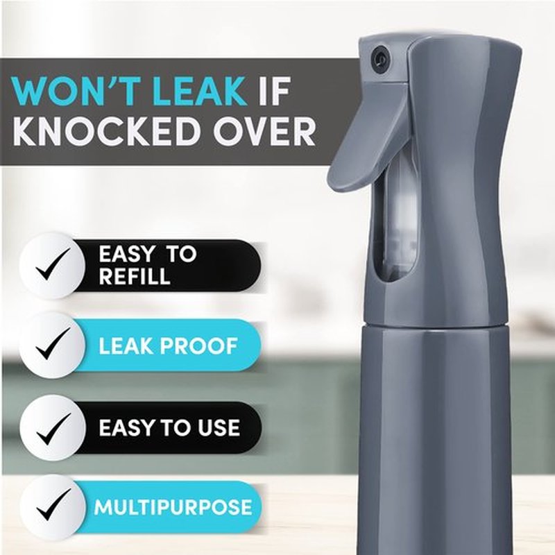 Hula Home Continuous Spray Bottle for Hair (10.1oz/300ml) Empty Ultra Fine Plastic Water Mist Sprayer – For Hairstyling, Cleaning, Salons, Plants, Essential Oil Scents & More - Gray