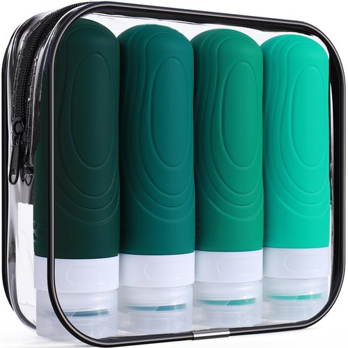GLAMFIELDS Travel Bottles for Toiletries, 3oz Size TSA Approved Leak Proof Silicone Containers for Shampoo, Conditioner,Easy to Squeeze and Portable, Essentials for Traveling (4 Pack) Green