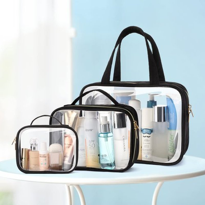PACKISM Clear Toiletry Bags - 3 Pack Clear Makeup Bags with Handle Large Opening, Waterproof Clear Cosmetic Bags Fit Carry-on Travel Essentials, Travel Accessories Clear Travel Bags, Black