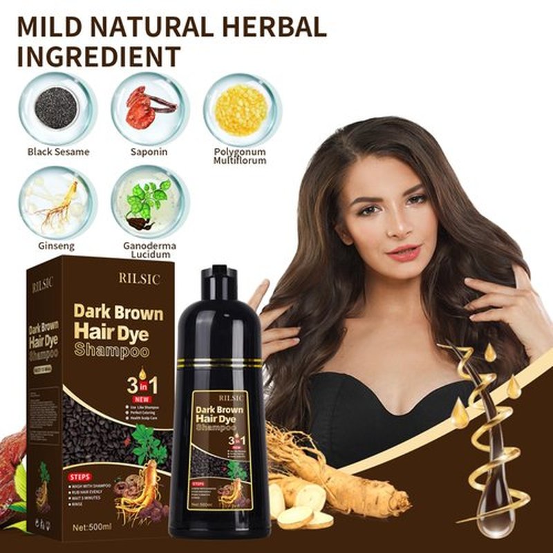 RILSIC Hair Dye Shampoo 3 IN 1, Instant Hair Color Shampoo for Women Men - Herbal Natural Hair Color- Grey Hair Coverage, Black Hair Dye Coloring in Minutes(500ML, 17.6 Fl Oz) (Dark Brown)