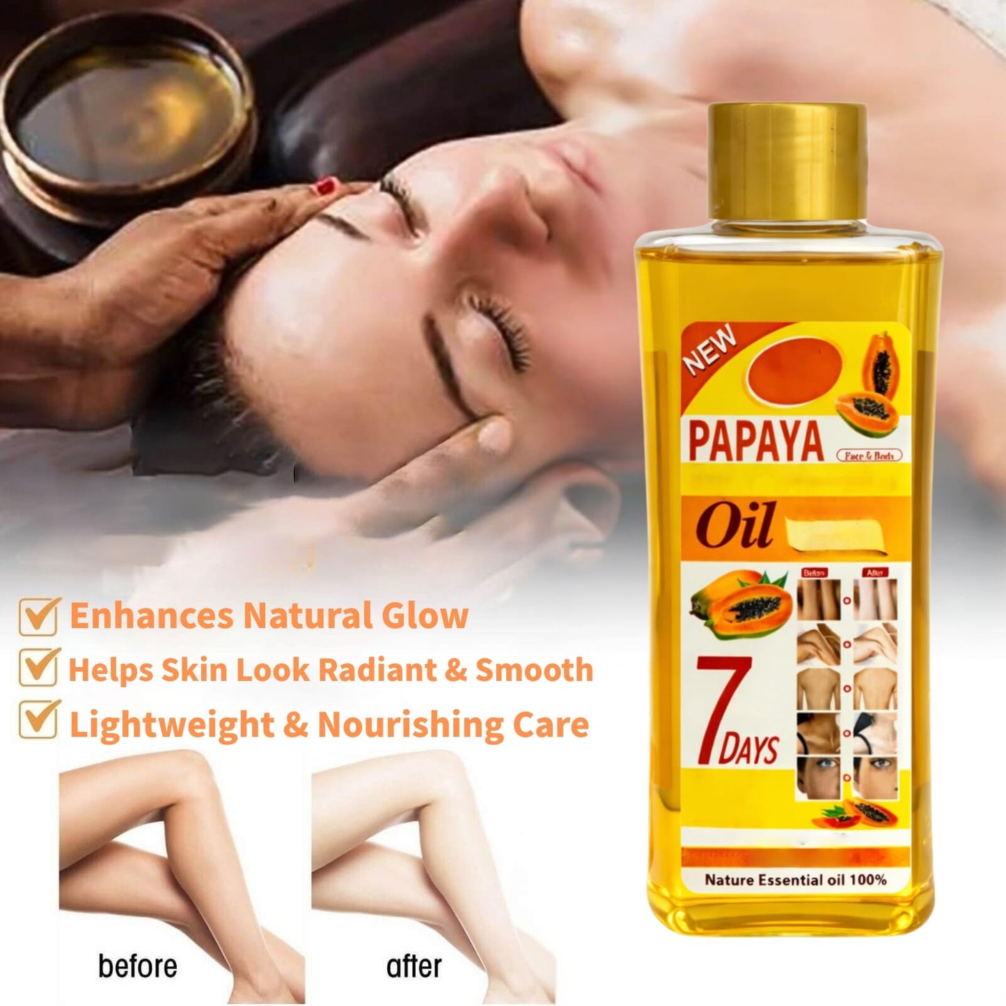 Papaya Oil for Massage and Skin Moisturizing, Lightweight Hydrating Body Oil for Dry Skin, Spa Body Care Oil with Papaya Extract, 200ml / 6.76 fl oz