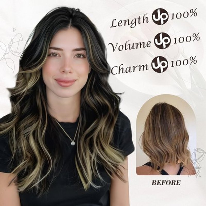 BARSDAR Clip in Hair Extensions - 16 Inch Highlight Wavy Clip in Hair Extensions for Women - 6PCs Thick Soft Synthetic Clip in Hairpieces Daily Party Halloween - Black with Highlights