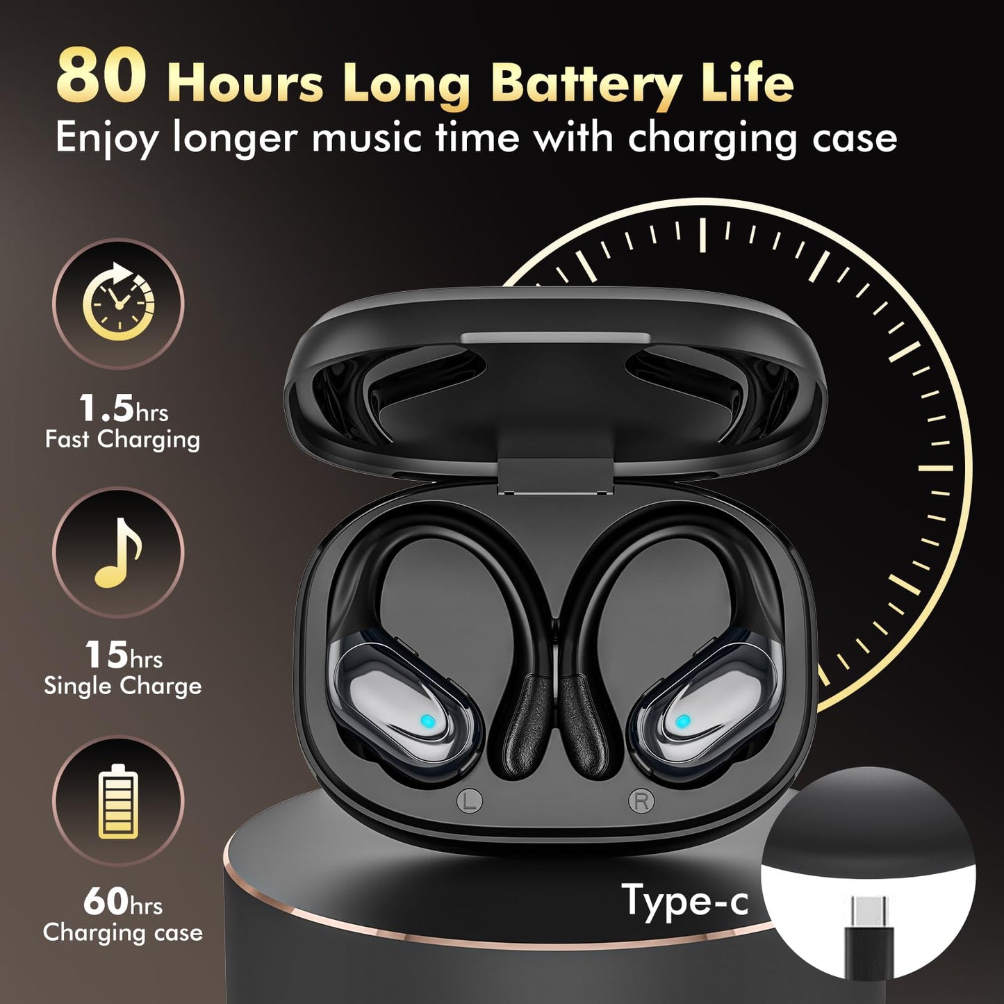 HAOYUYAN Sports Bluetooth Headphones, IPX7 Waterproof Earphones for Workout/Running, Noise Canceling Headset Ear Buds (Tech Black)
