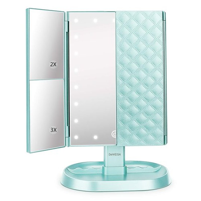 deweisn Trifold Lighted Vanity Makeup Mirror with 21 LED Lights,1x/2x/3x Magnification Touch Screen Dimming,Two Power Supplies Makeup Mirror, Gift for Women