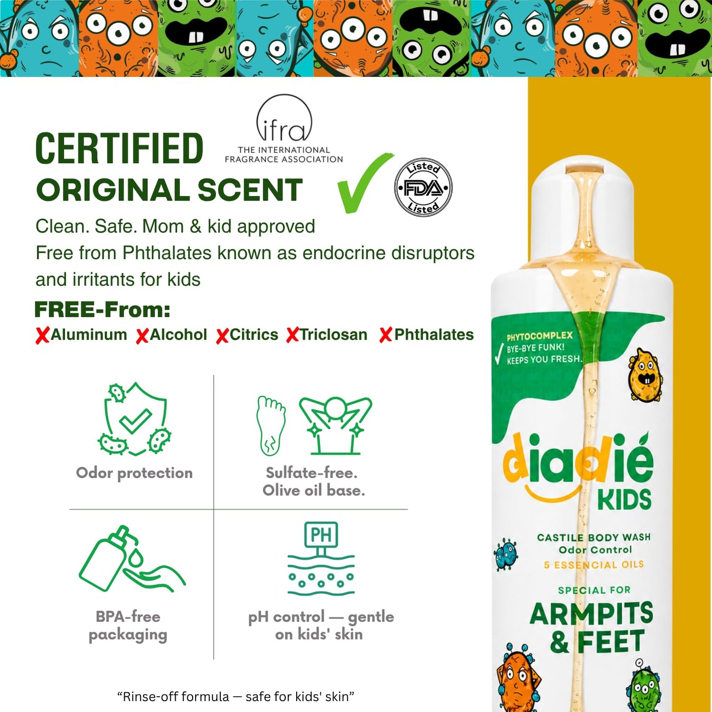 Diadié Kids Natural Castile Liquid Body Odor Soap/Wash, For Armpits, Boys or Girls, Made With 5 Essential Oils, 8.81 oz, 1 Pack