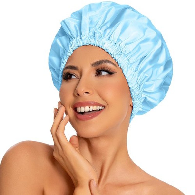 Reusable Shower Cap for Women, Large Waterproof Shower Bonnet Washable Elastic Band Bath Hair Hat for Long Hair, Braids(Light Blue)