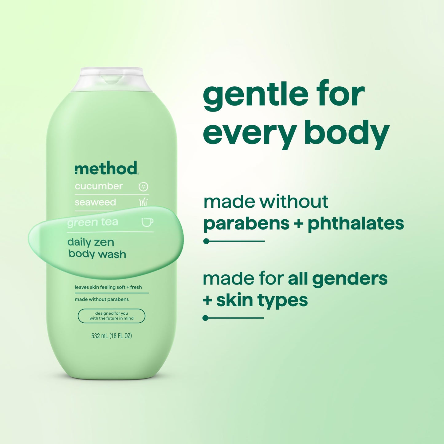 method Body Wash, Daily Zen - Leaves Skin Feeling Soft & Moisturized, Made Without Parabens, Notes of Cucumber, Seaweed & Green Tea, 18 fl oz