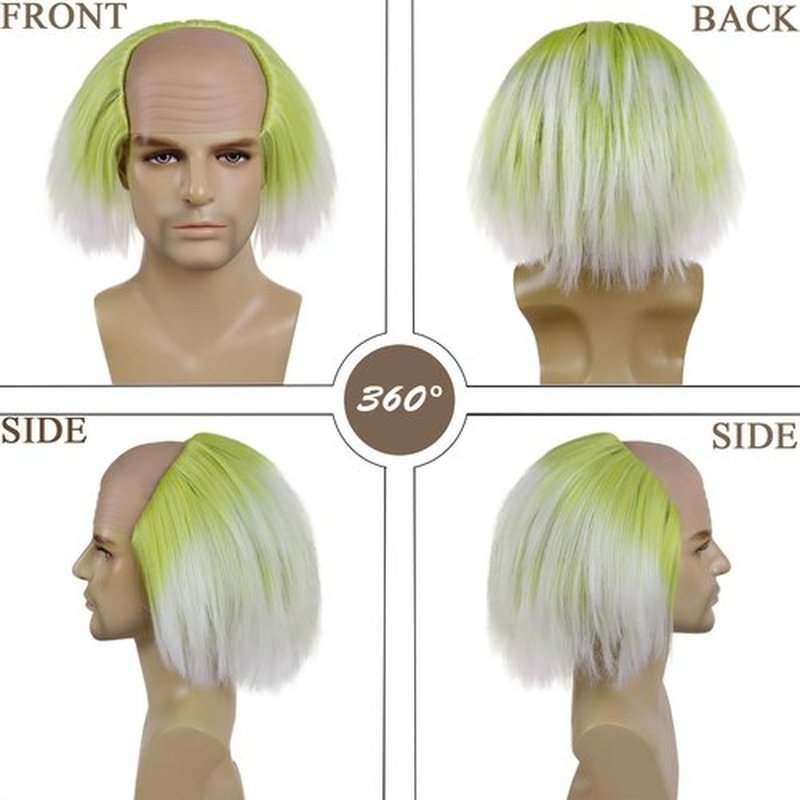 GNIMEGIL Short Green Roots Ombre White Wig Fluffy Straight Clown Bald Headpiece Movie Cosplay Wigs Halloween Costume Wigs for Men Ghostly Vibes or Mad Scientist Genius