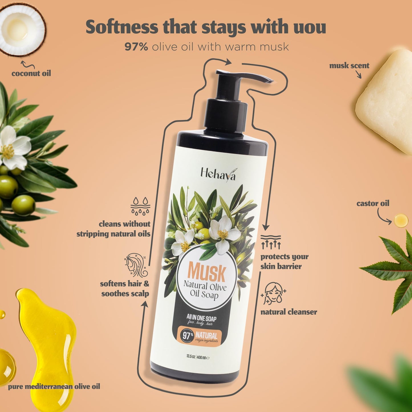 Hekaya Natural Olive Oil Liquid Soap – Musk Scent | Handmade, Vegan, Sulfate & Paraben Free | Gentle Face, Hand & Body Wash | Moisturizing Castile Cleanser | 13.5 fl oz Pump Bottle.