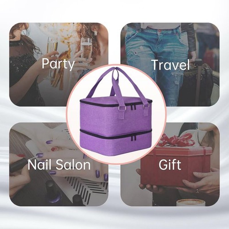 FCQQYWZ Nail Polish Organizer Case - Holds 42+ Bottles (15ml/0.5 fl.oz) and 1 Nail Lamp, Upgraded Double-layer Nail Polish Carrying Case Nail Polish Storage Bag with Handles (Purple)